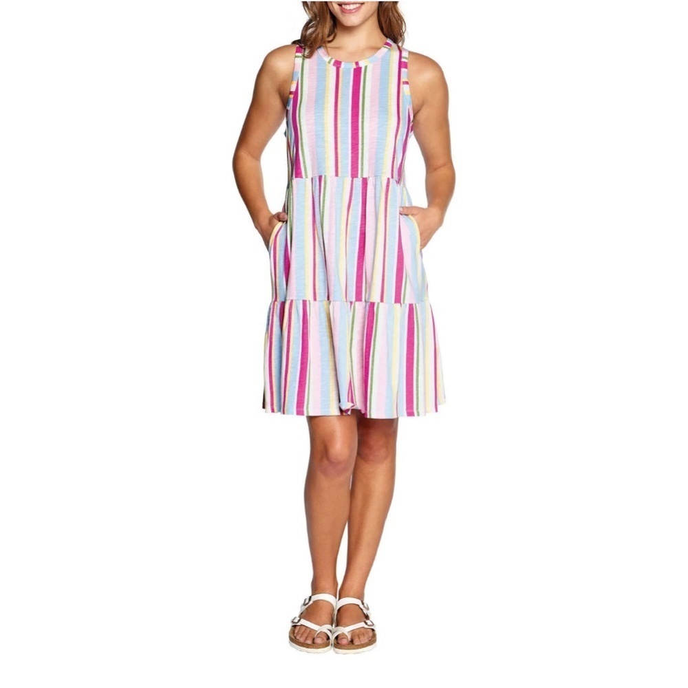 Gap Tiered Sleeveless Colorful Stripes beachy casual cotton mini dress pockets S